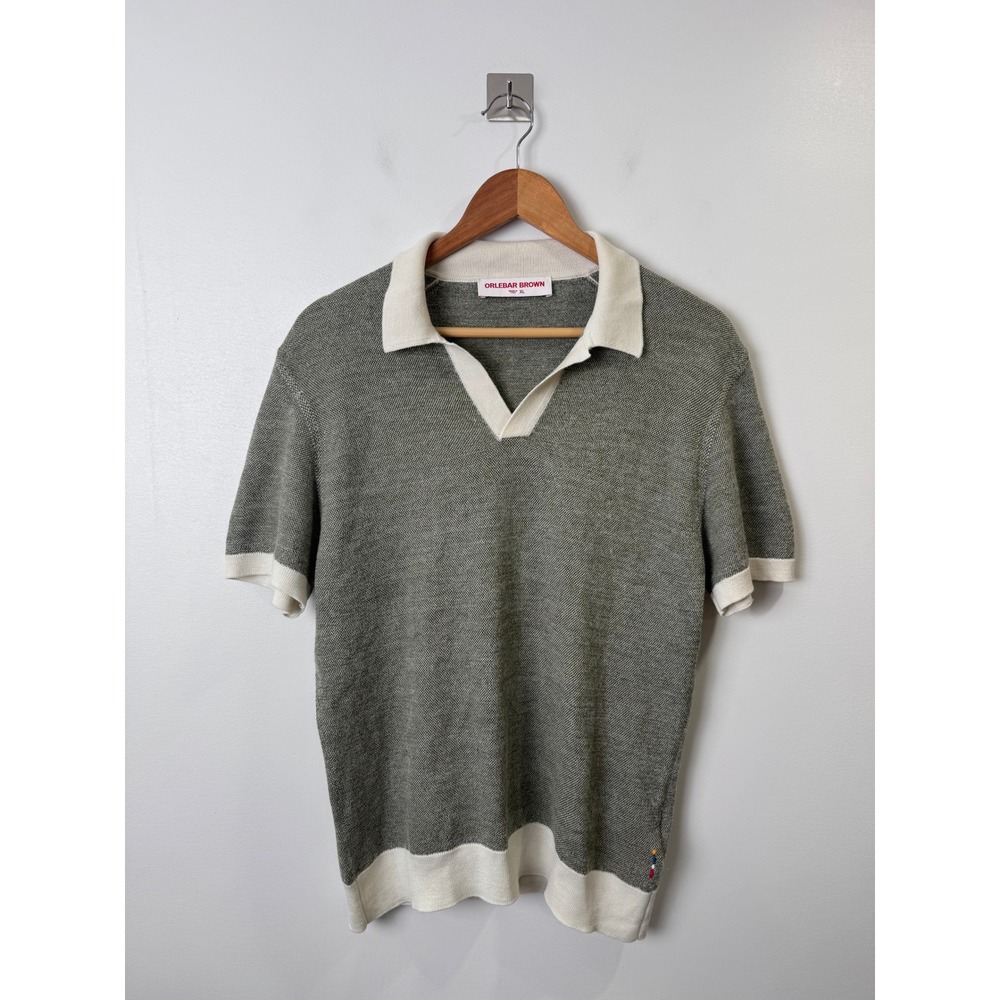 Orlebar Brown Men Green Horton Contrast Wool Cotton Knit Polo XL
